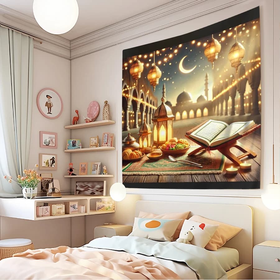 1PC Digital Printed Tapestry Wall Hanging, Ramadan Lantern Mosque Quran, Islamic Eid Mubarak Festival Wall Decor