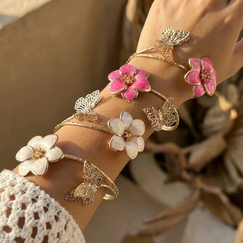 Romantic Cuff Bracelet with Flowers and Butterfly in White enamel for Women, Open Golden Bracelet Fairycore Style