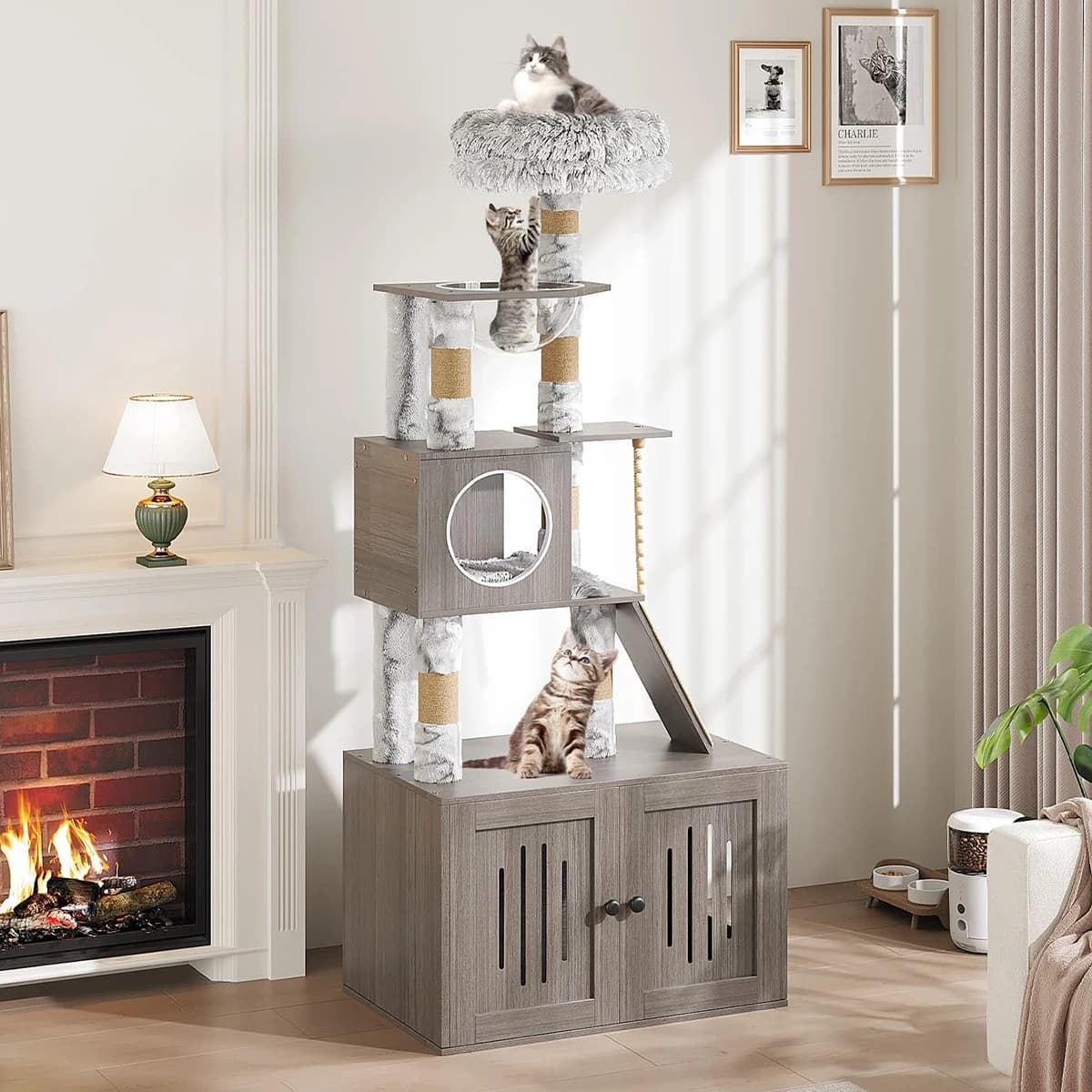 Torre per Gatti Multi-Livello da 66,9'' con Lettiera Chiusa - Cuccia/Sgabello/Poste per Tirare Dita/Pollaio a Capsula, Arredamento per Gatti da Interno