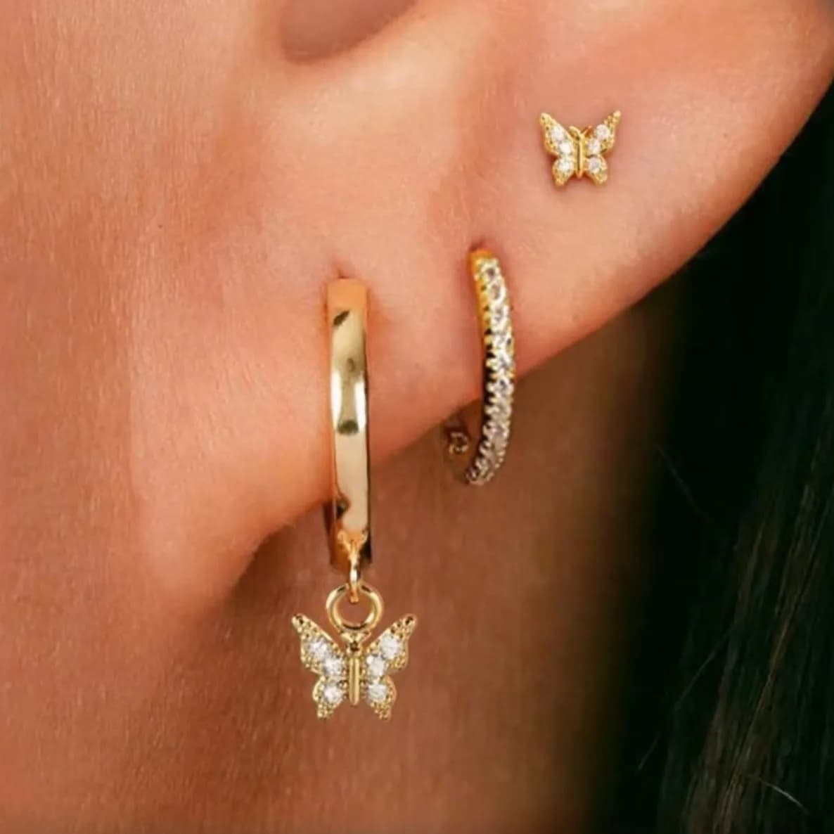 Simple atmosphere butterfly stud earrings ear buckle set women's niche high-end light luxury earrings diamond earrings