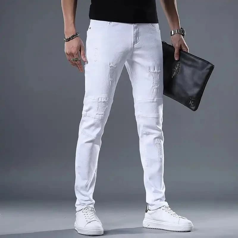 Jeans Slim Fit Bianchi Estivi 2026 da Uomo, Eleganti e alla Moda, in Denim Elasticizzato, Stile Streetwear Americano Casual da Uomo