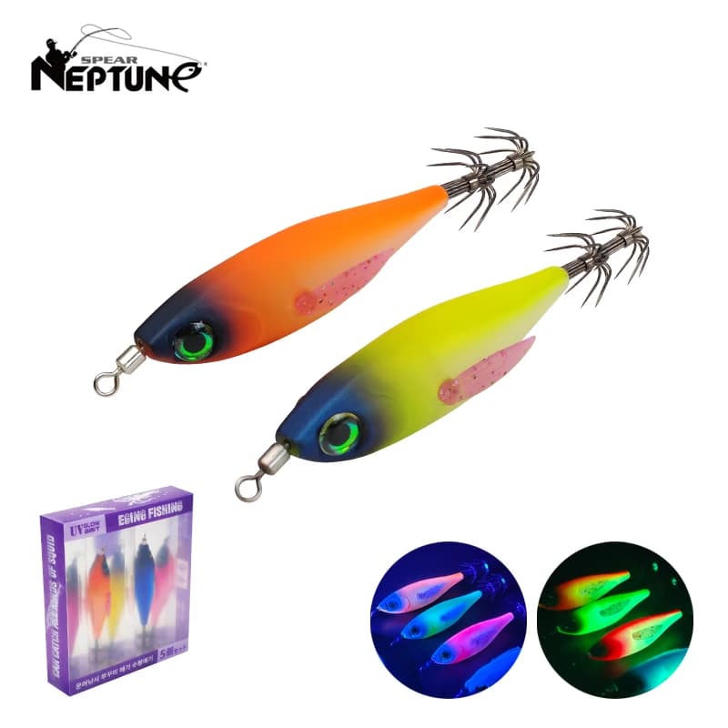 5 Pezzi Esche Luminose per Calamari 4.8g, Artificiali in Legno a Forma di Gambero, Tipo Egi, per Polpo, Seppia e Calamaro Orizzontale, con Amo