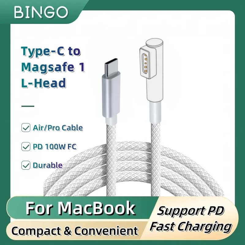 Cavo da tipo C a Magsafe 1L/2T, adatto per MacBook Air/Pro 45W 60W 85W 12/13/15 pollici, supporta ricarica rapida PD, tessuto durevole.