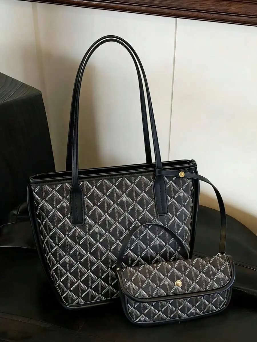 New Fashion Classic Multi-Functional Large Capacity Dual Handle Letter Graphic Decor Contrast Color Shoulder Handbag 2-In-1 Comb