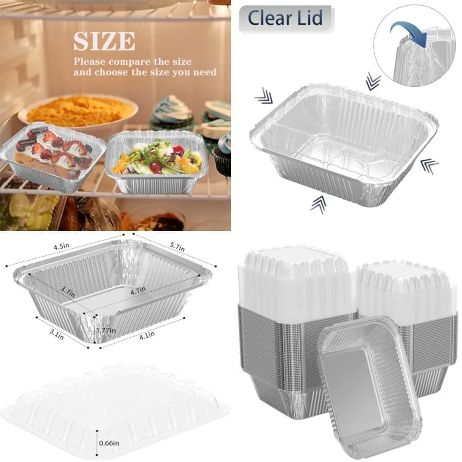 Confezione da 200 Vaschette Rettangolari Monouso in Alluminio da 6 oz con Coperchi a Cupola in Plastica Trasparente, per Catering, Cottura