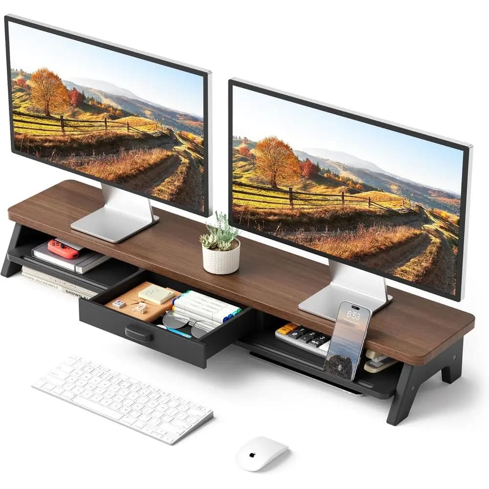 Supporto per monitor doppio a 2 livelli LED 39.3 con cassetto portaoggetti e porta carta, finitura noce