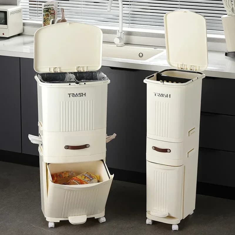 Bidone della spazzatura da cucina giapponese Separazione asciutta e bagnata Bidone della spazzatura automatico a pedale Bidone della spazzatura salvaspazio
