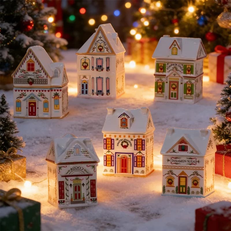 Mini Barattoli di Pan di Zenzero a Tema Villaggio Natalizio, Set Casa delle Spezie Festiva, Candela da Cucina per le Feste