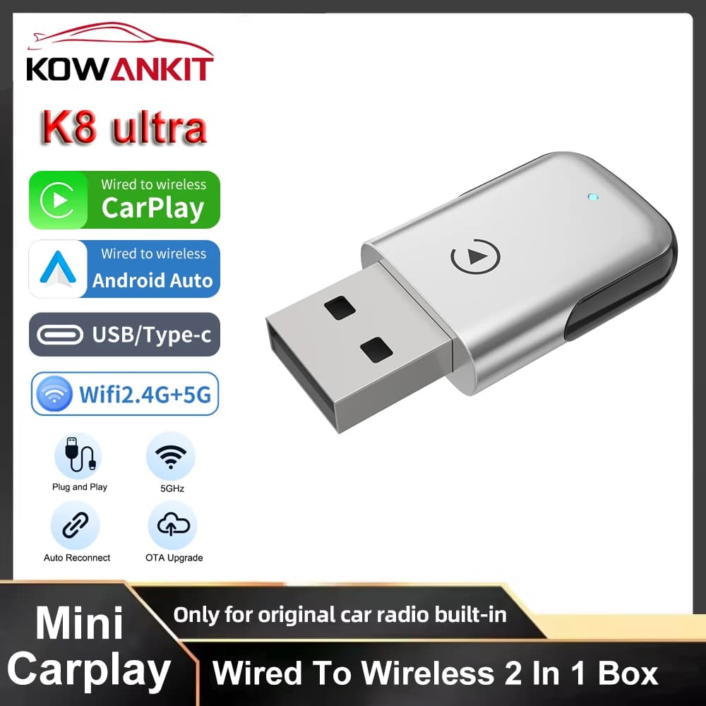 2026 Wireless CarPlay Adapter KowanKit Android Auto Wireless Dongle 2 in 1 Plug & Play Smart Mini AI Box Car for Bluetooth