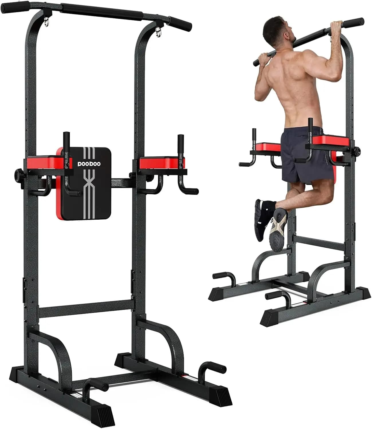 Power Tower Dip Station con Barra per Trazioni per Palestra Domestica, Attrezzatura per Allenamento di Forza con Altezza Regolabile (Nero)