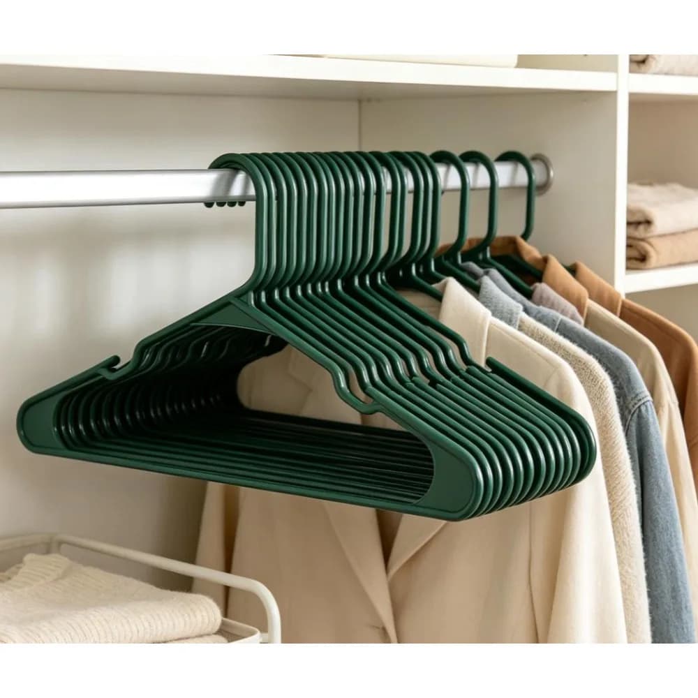 50 Pack Carpet Green Plastic Clothes Hangers with Anti-Slip Notches, 100% Polypropylene Durable Garment Hangers for Adult Teen Shirts Jackets Sweaters