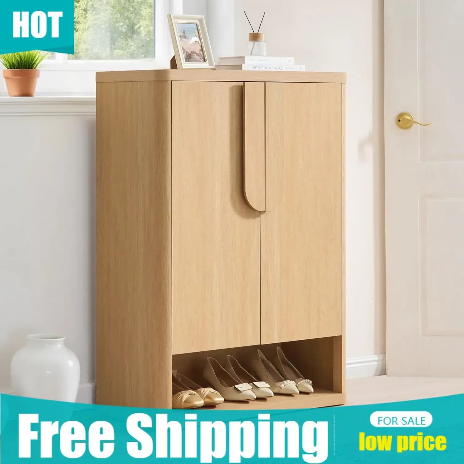 Shoe Cabinet 44" Tall Large Shoe Storage Organizer Modern Rack with Doors & 4 Shelves Minimalist Freestanding 5-Tier