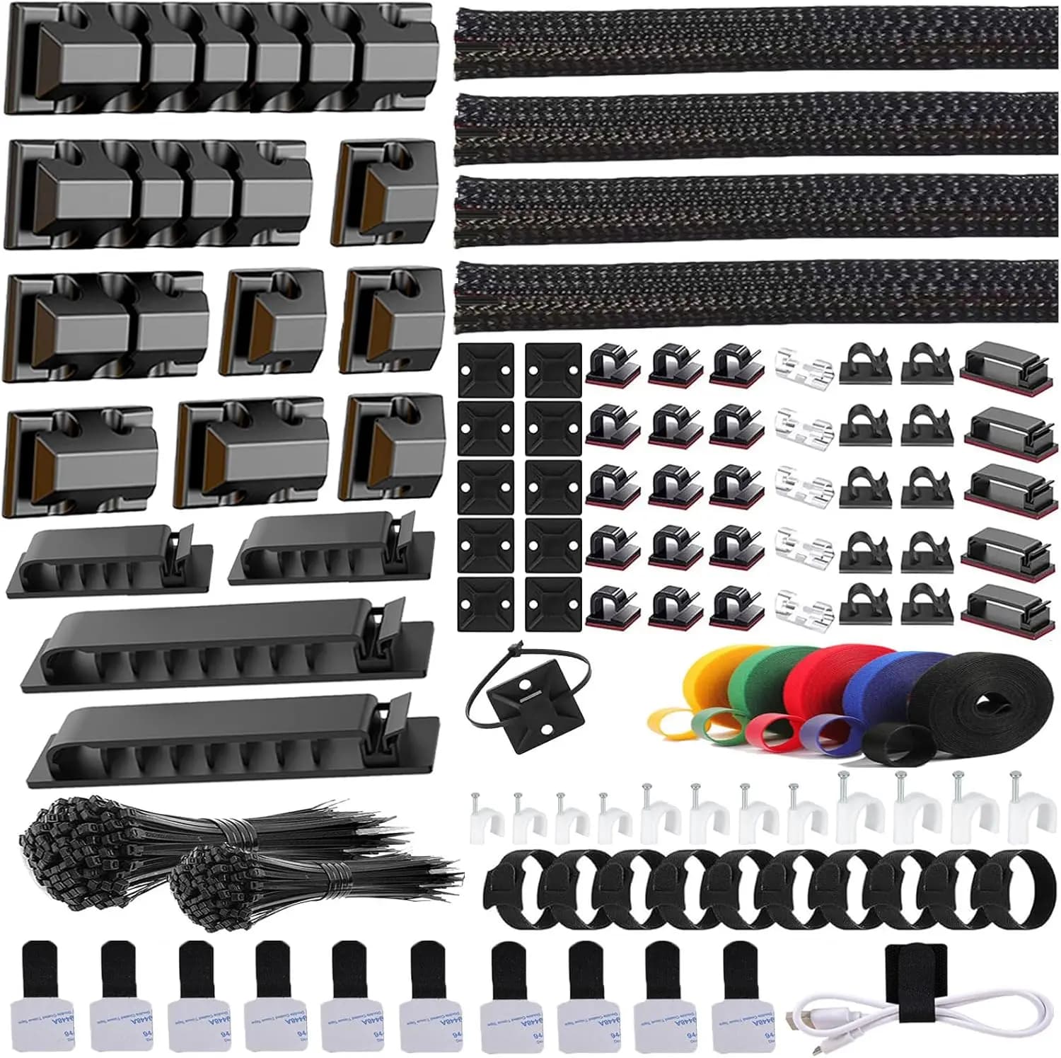 Kit di Gestione Cavi da 327 Pezzi - Guaine, Clip, Supporti, Fascette e Supporti per Scrivania del Computer - Nero