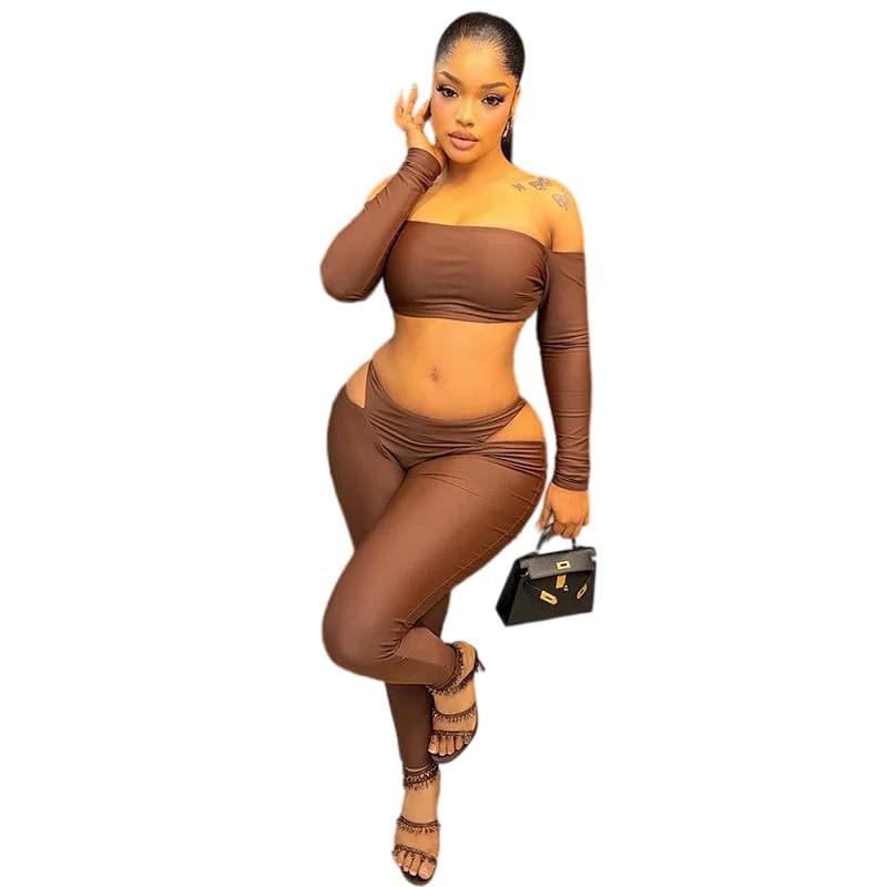 2 Piece Set Women's Off Shoulder Strapless Slash Neck Long Sleeve Super Short Vest Tops & Hollow Out Waist Pants Solid Color