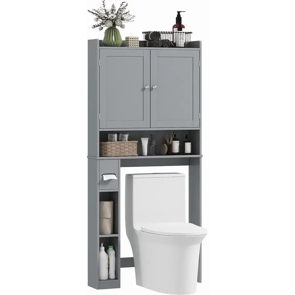 Mobiletto Salvaspazio Grigio da Posizionare Sopra il WC con 2 Ripiani e Portarotolo