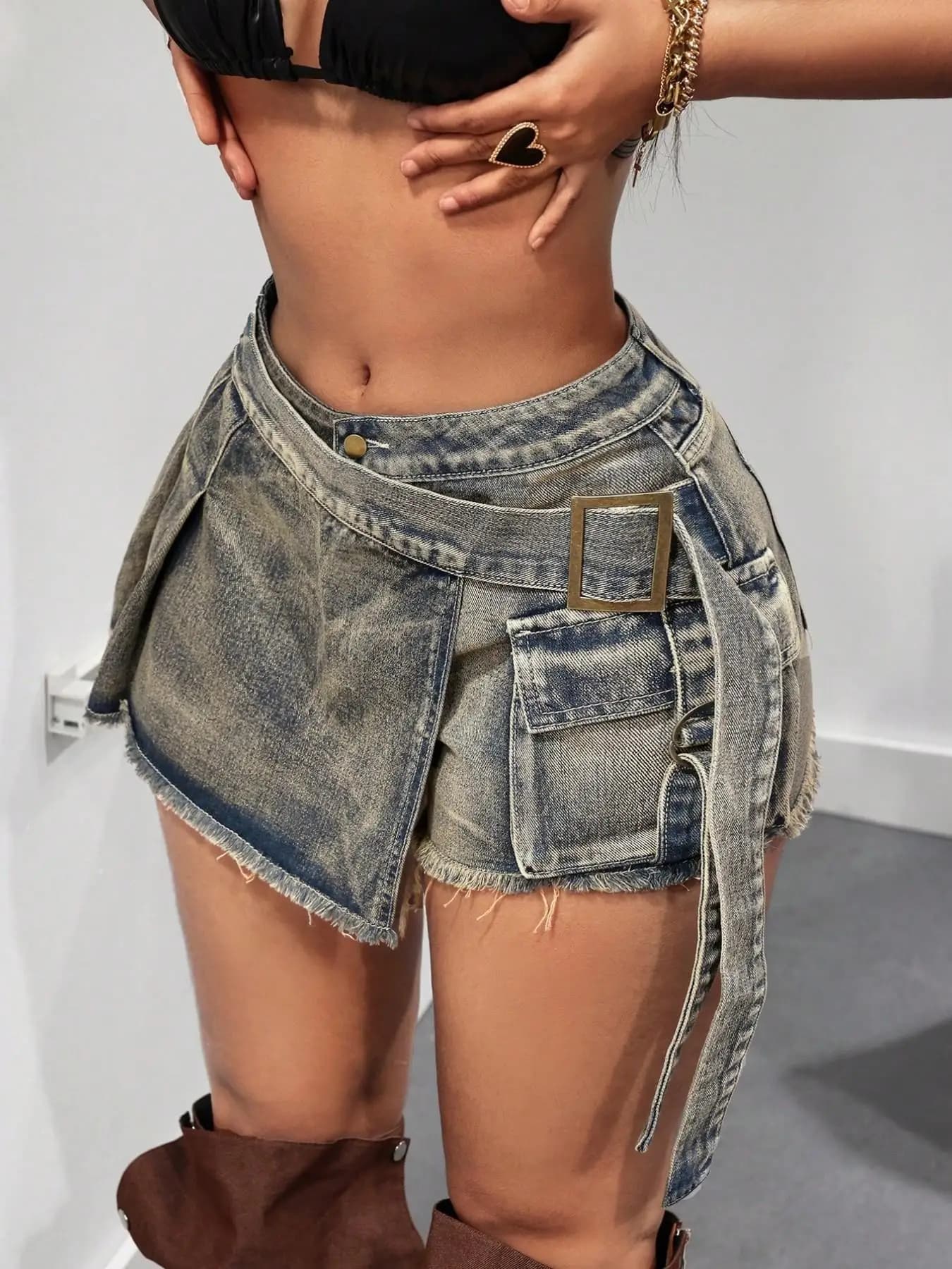 Pantaloncini in Denim Vintage a Vita Alta, Shorts Sexy Antiscivolo, Design Casual Aderente, Tinta Unita, Moda Femminile