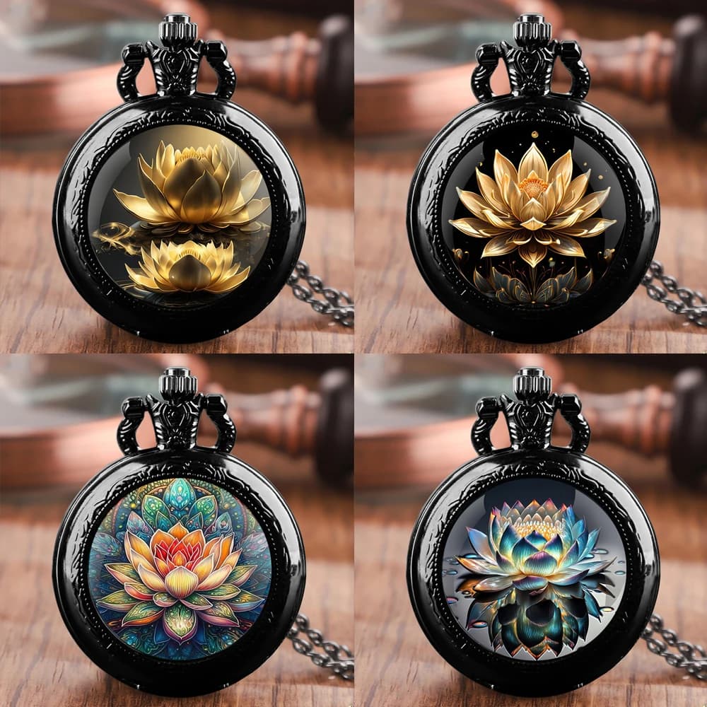Ciondolo per collana con orologio da tasca al quarzo con design vintage Lotus Mandala, regalo ideale per uomini, donne e bambini, regalo di compleanno con ciondolo