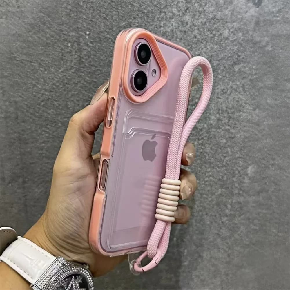 Custodia Trasparente Antiurto con Porta Carte e Braccialetto Semplice per iPhone 17 16 15 14 13 Mini Plus Pro Pro Max