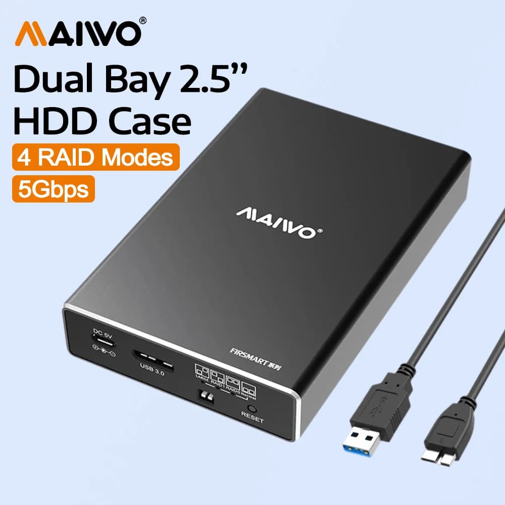 MAIWO Box Esterno per Disco Rigido a Doppia Bay 2.5 Pollici HDD & SSD SATA I/II/III USB3.0 5Gbps con 4 Modalità RAID Scocca in Alluminio