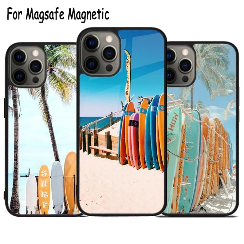 Custodia per telefono con ricarica wireless Summer Beach Surf per iPhone 17 Air 15 16 16e 14 13 11 12 Pro Max Plus, cover magnetica Magsafe con paraurti