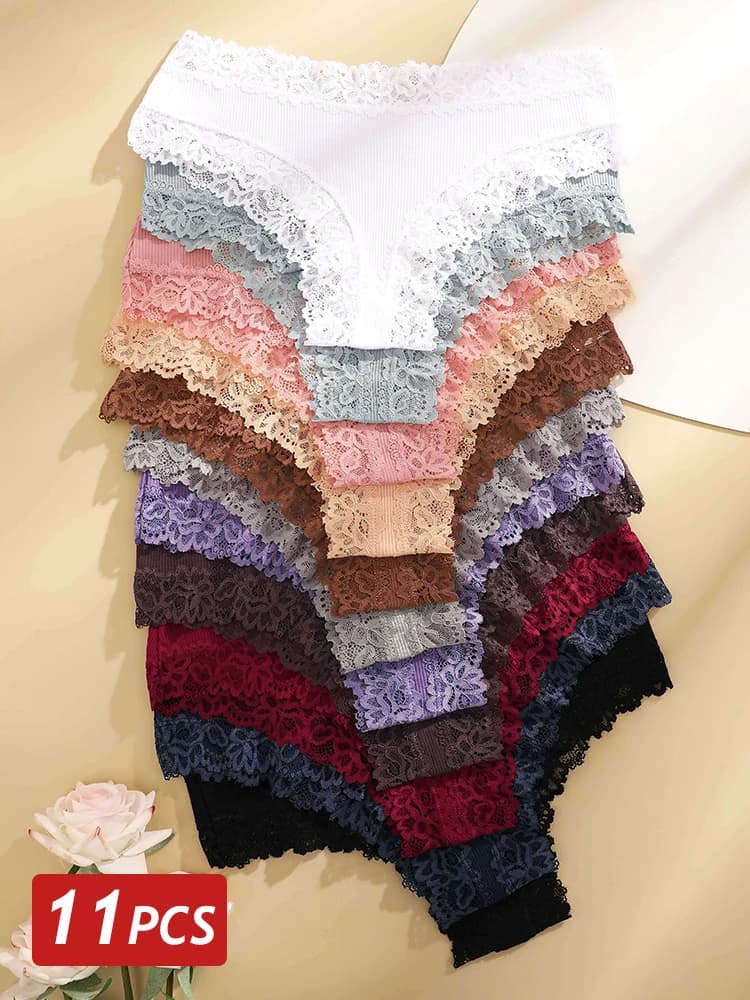 11PCS Women Lace Cotton Panties Seamless Brazilian Panties Sexy Low-Waist T-Back Bikini Female Breathable Underwear Lingerie