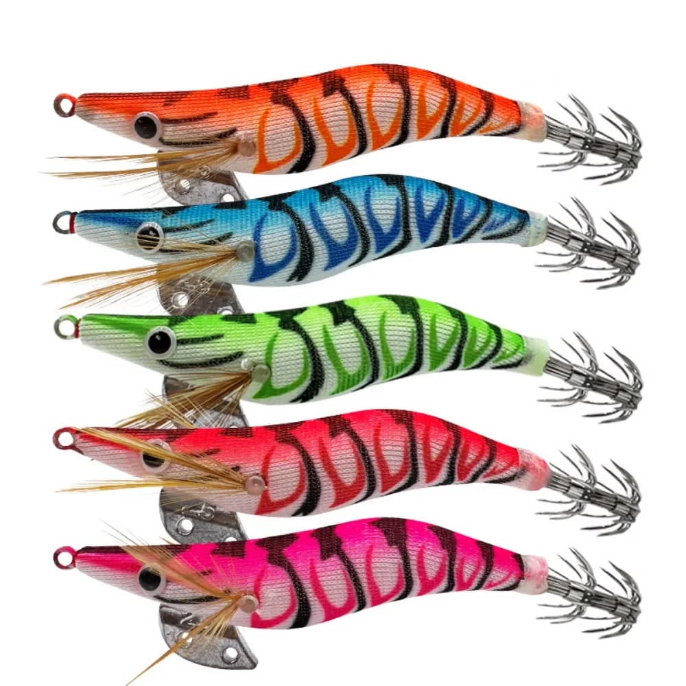 5 esche luminose per la pesca al calamaro che si illuminano al buio, con occhi 3D, esche colorate in legno a forma di gambero, reattive ai raggi UV, con piedini morbidi