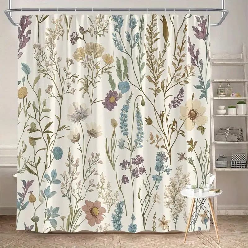 1 tenda da doccia vintage con motivo floreale con margherite, cosmos, lavanda e foglie verdi nei toni blu, viola, marrone e rosa.