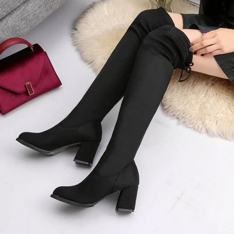 Stivali sopra il ginocchio da donna con tacco grosso a blocco, punta affusolata, effetto camoscio, allacciatura posteriore, elasticizzati, alti fino alla coscia, scarpe autunnali/invernali da ufficio