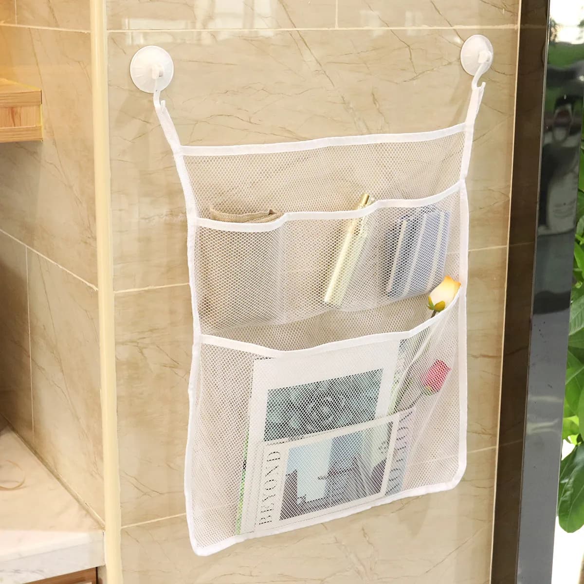 Sacchetti portaoggetti in rete per vasca da bagno 45x52cm con ganci a ventosa resistenti, organizer da bagno leggero, bianco