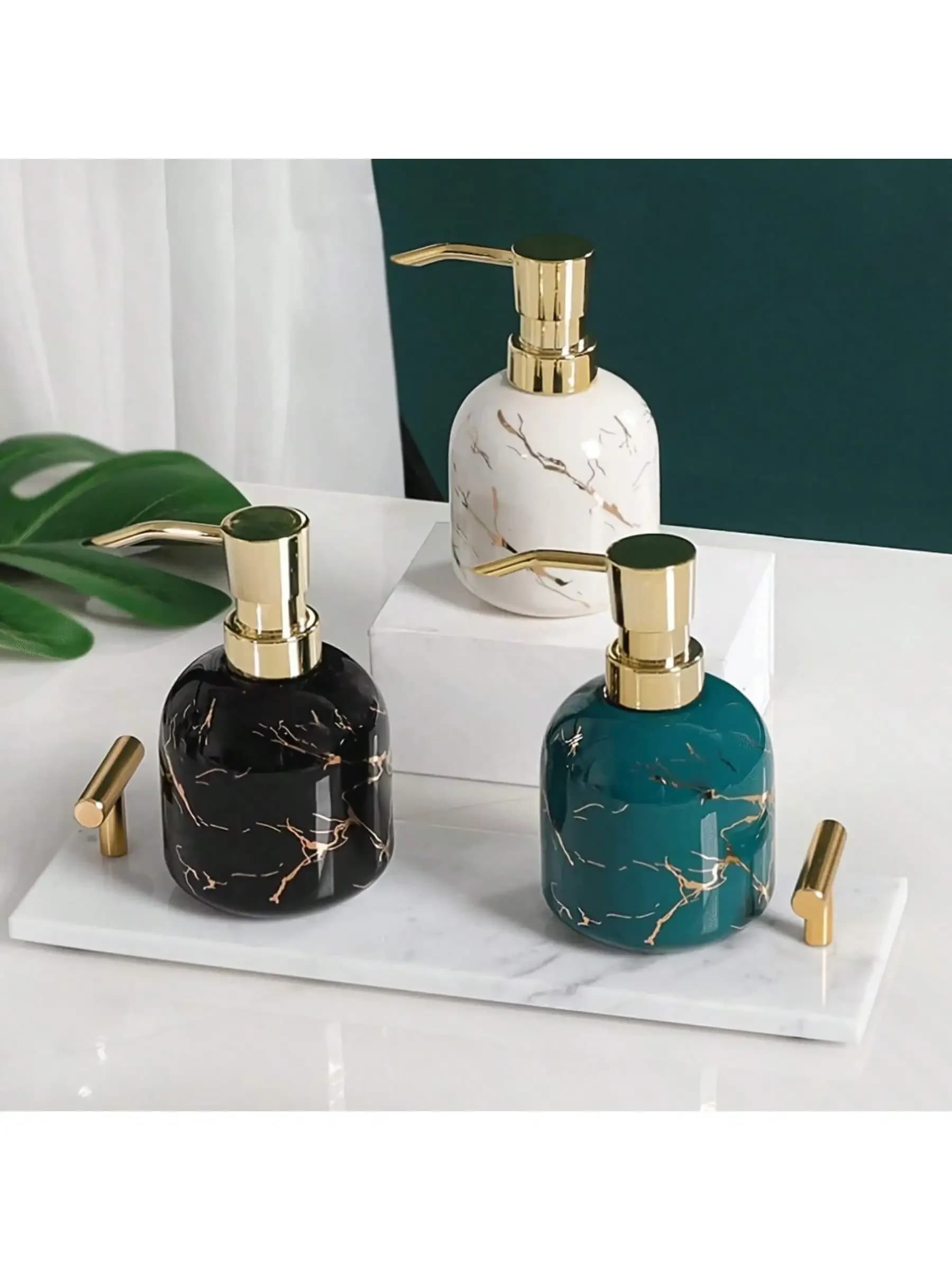 Dispenser di sapone in ceramica strutturata marmorizzata, bottiglia da appoggio con pompa, dispenser di sapone per le mani da bagno