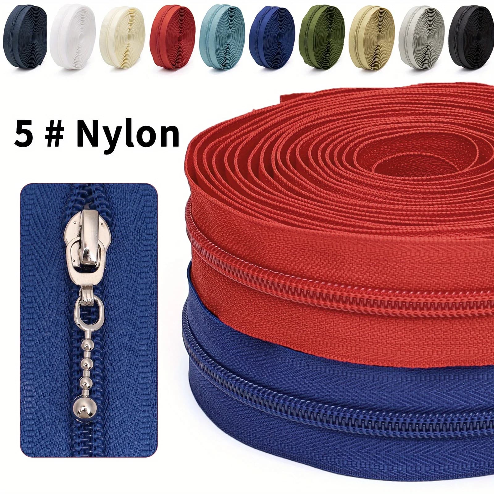 177.16Inch zipper with 10 zipper heads, 5 #nylon chain, 10 colors optional