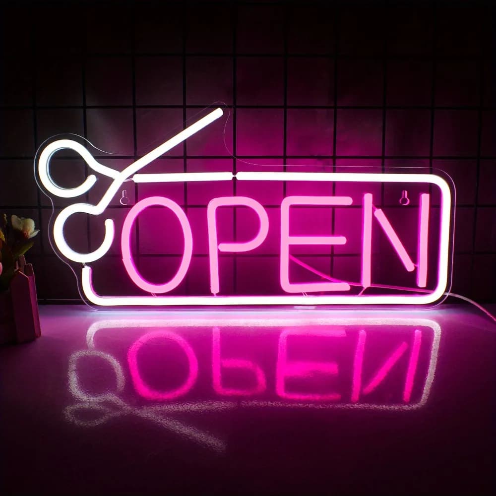 Insegna al Neon LED 'OPEN' Rosa, Illuminazione per Saloni con Design Forbici/Pettine, per Negozi/Spa/Arredamento Casa, Decorazione Ideale per Inaugurazioni Aziendali