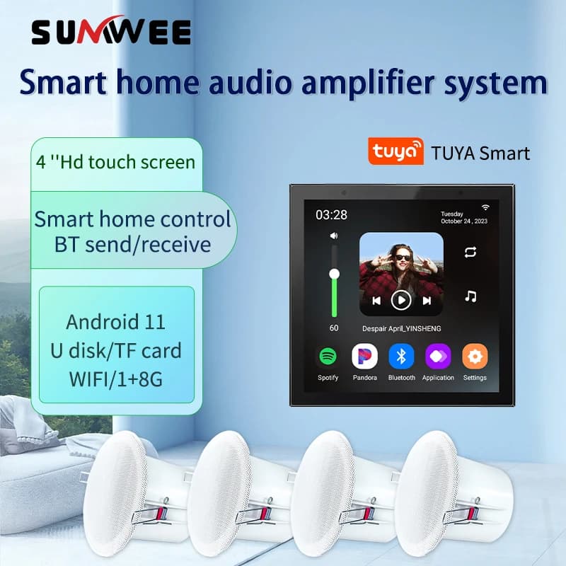 4inch Android11 System Smart Home Voice control Background Music Sound WIFI Touch Screen Bluetooth Audio In Wall Amplifier radio
