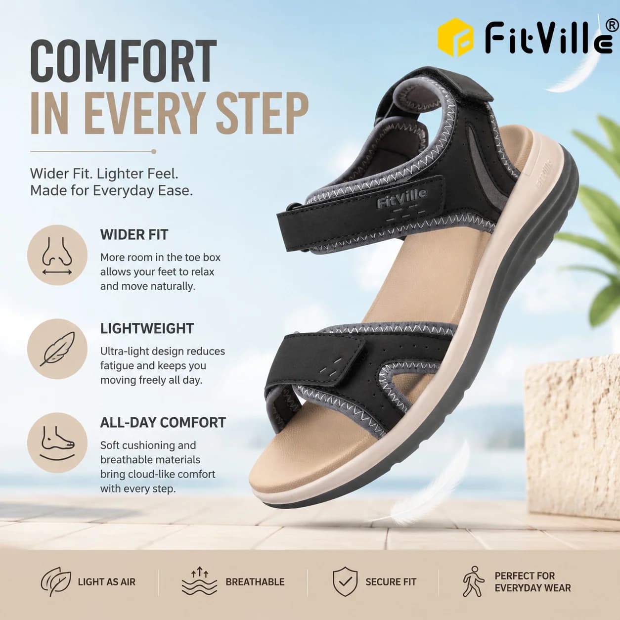 FitVille Sandali da donna Summer Beach Flats Cinturino alla caviglia regolabile per piedi gonfi e piatti con supporto per l'arco plantare Punta aperta Ortesi