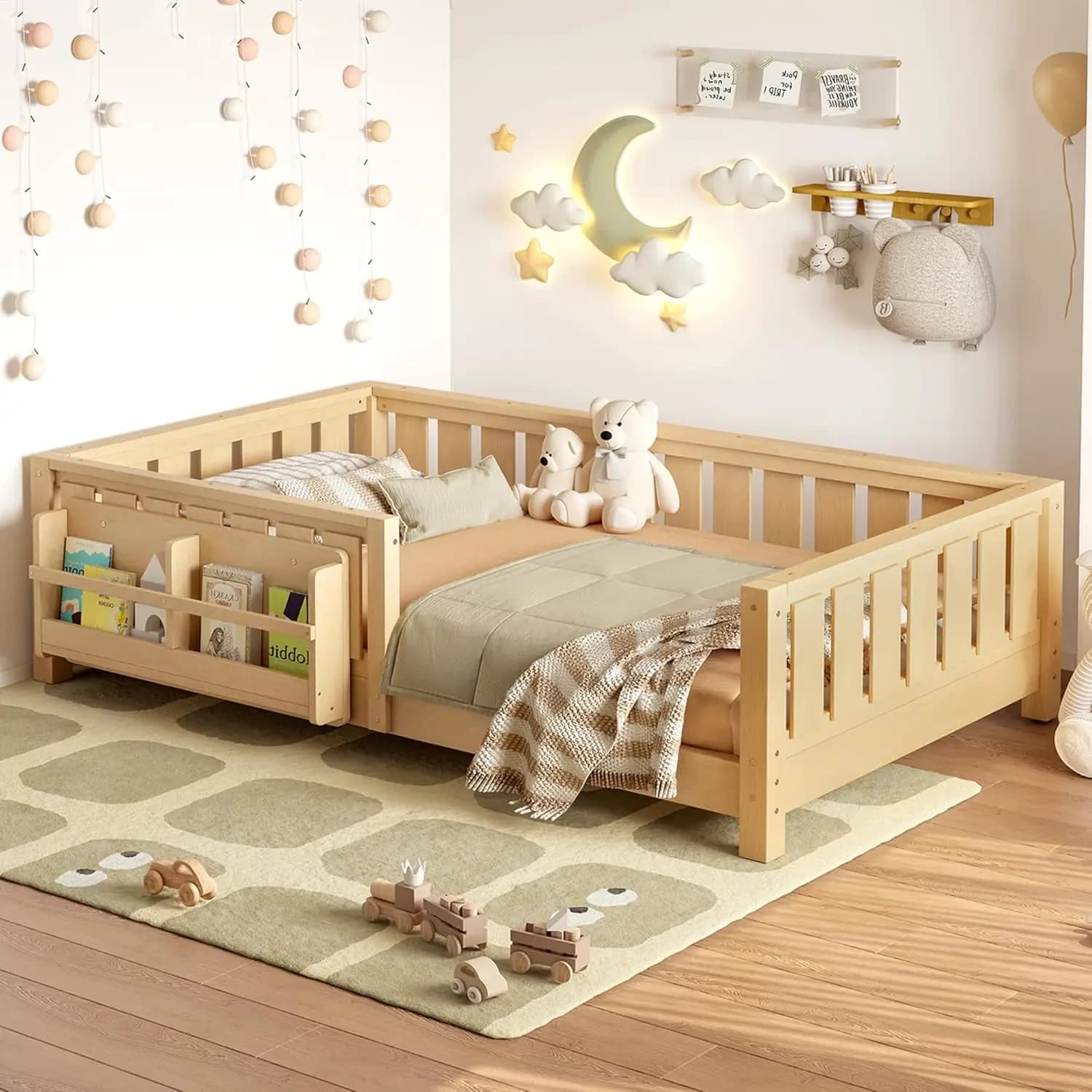 Letto a castello con doghe, ringhiera di protezione, scaffale, legno chiaro, per cameretta bambini, 75"x39", personalizzabile