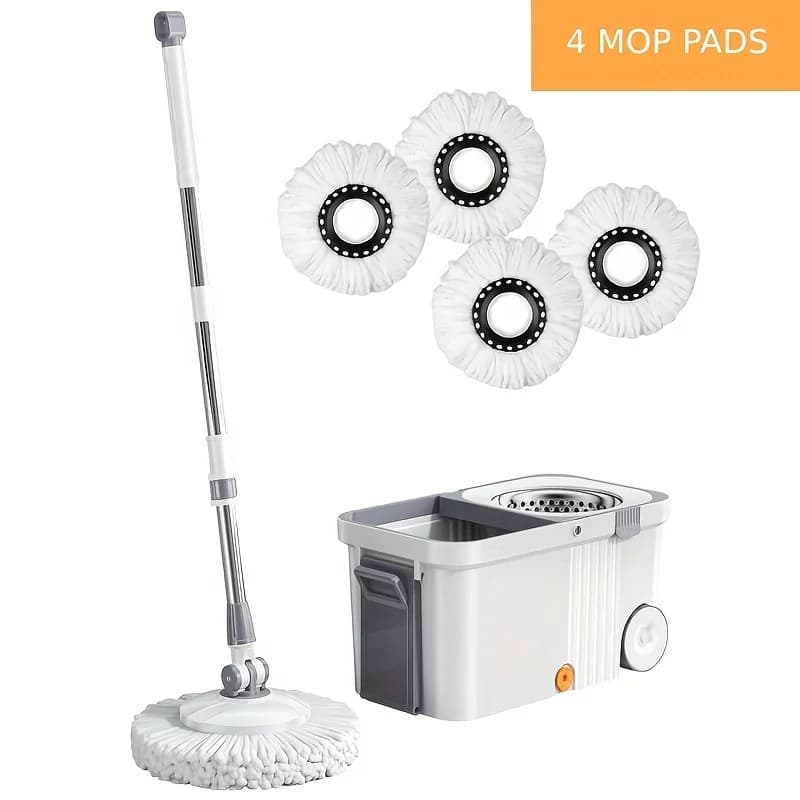 360 ° Set Secchio e Mop Girevole - Secchio con 4 Testine in Microfibra, Manico Regolabile in Acciaio Inossidabile da 155 cm, per Pulizia Pavimenti