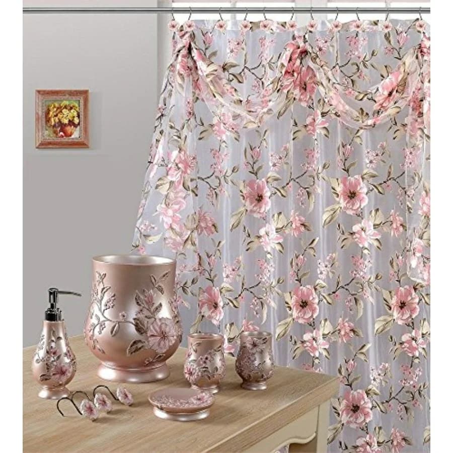 Set di 7 accessori per tende da doccia rosa melrose e cestino per rifiuti in resina per bagno, materiale in resina resistente rosa, facile da pulire