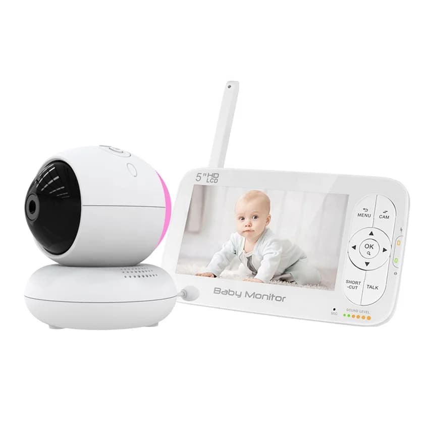 OEM 5'' 1080P Audio bidirezionale Baby Monitor 2 4GHz FHSS Display musicale Tempo di alimentazione Allarme Mini telecamera per bambini