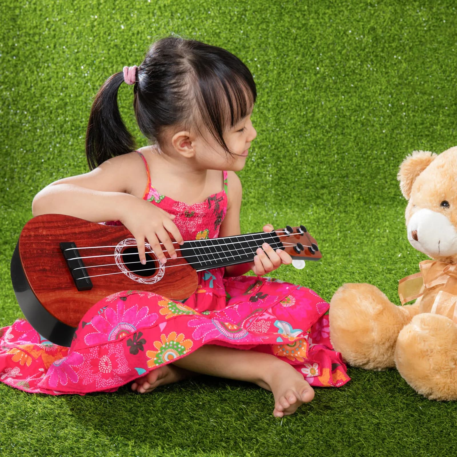 Kids Woodgrain Ukulele Set Plastic Musical Instrument Early Learning Educational Toy for Children
