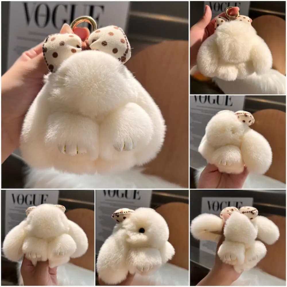 Portachiavi con Ciondolo Coniglio in Peluche con Fiocco e Pompon, Bambola Imbottita Cartone Animato, Coniglio Morbido, Ornamento da Appendere per Zaino
