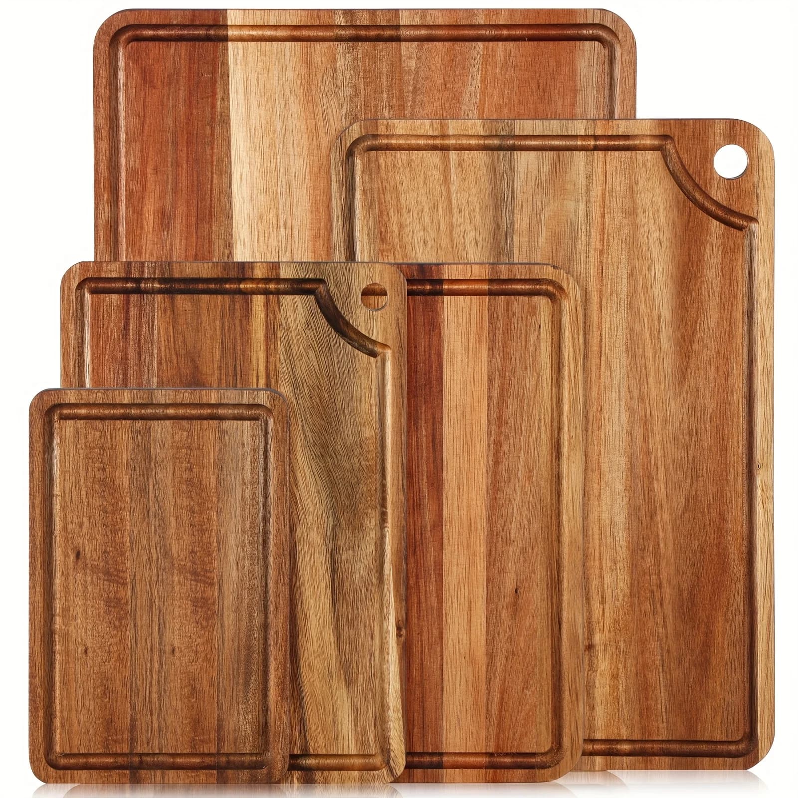 Set di 5 taglieri in legno di acacia per cucina con scanalatura per succhi, vassoio per formaggi e salumi, grande tagliere da macellaio