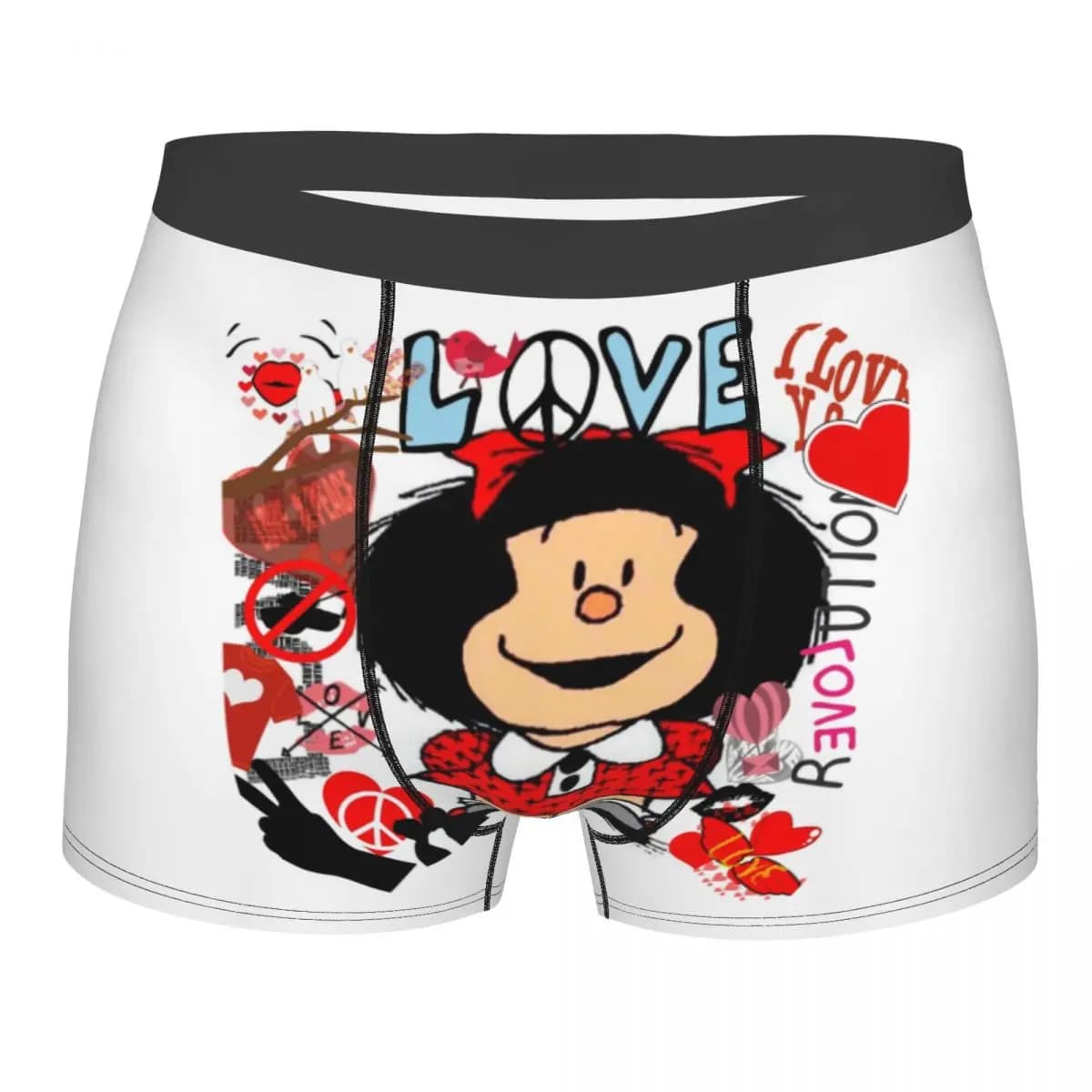 Intimo personalizzato Love And Mafalda circondato da cuori, boxer da uomo traspiranti con cartoni animati di Quino Manga