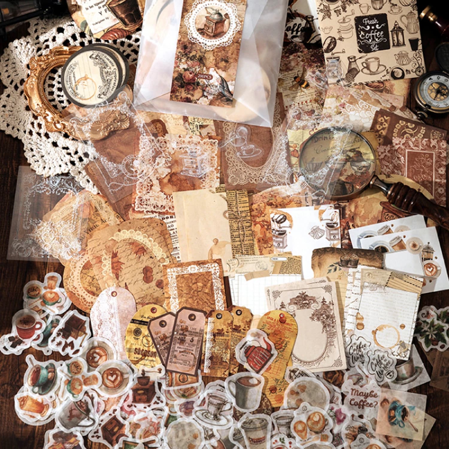 Vintage Scrapbooking material set Artsy style coffee stain burned shaped sticker material paper tag DIY decorative material