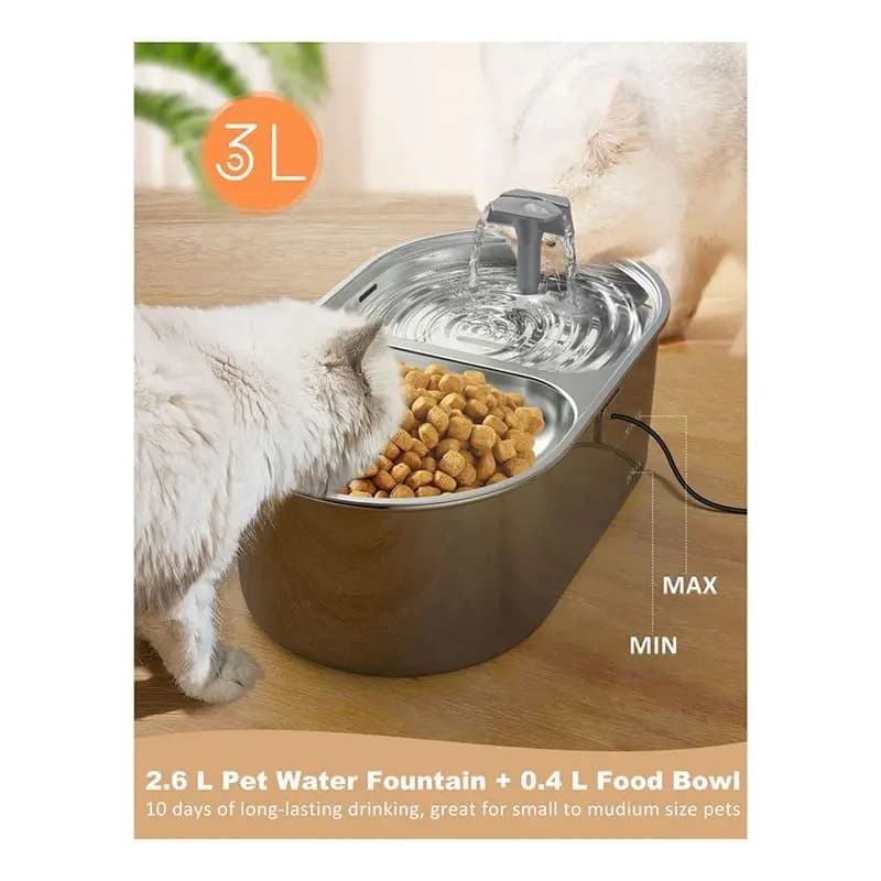Pet Fountain A73P, Stainless Steel Pet Fountain with 88 Oz/2.6L Smart Pump, Pet Bowls 2 in 1 for Food and Water American Spina