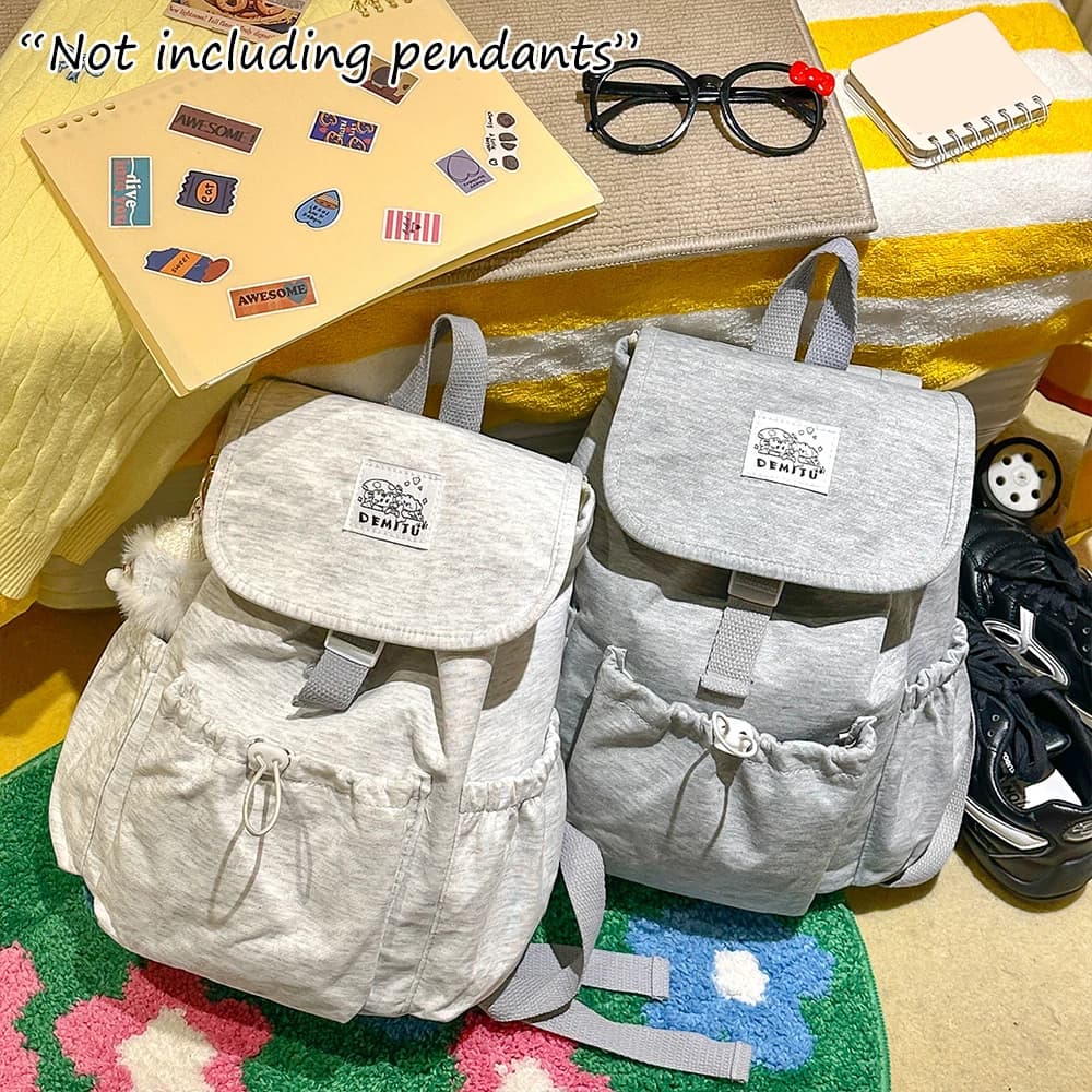 Zaino casual grigio melange con patta, zainetto leggero con coulisse, borsa semplice per uso quotidiano e viaggi