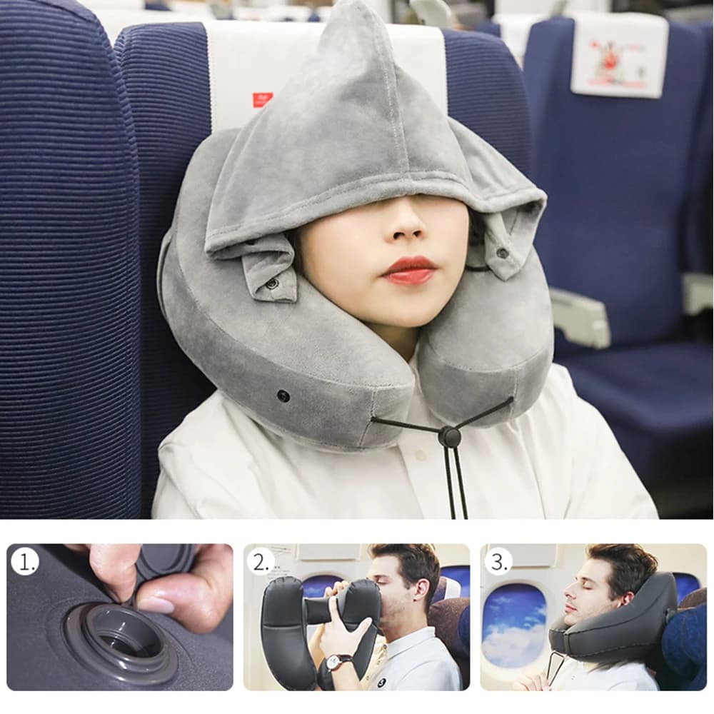 Cuscino gonfiabile per il collo con cappuccio Cuscino portatile a forma di U Cuscino per poggiatesta per auto Cuscino per il collo da viaggio Cuscino gonfiabile a forma di H