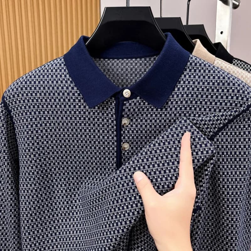 Men's 100% Cotton Long Sleeve Polo Shirt Classic Houndstooth Pattern Invisible Placket Casual Top