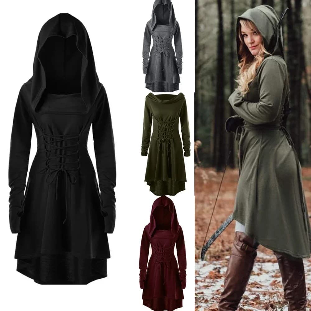 Costumi da arciere rinascimentali cosplay medievale Abito con cappuccio Pullover con lacci Abito lungo con cappuccio Mantello Festa di Halloween