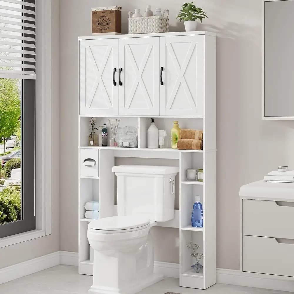 Mobiletto Salvaspazio per Bagno con 3 Ripiani, Portarotolo e Portasciugamani per Bagno, Toilette, Lavanderia - Bianco