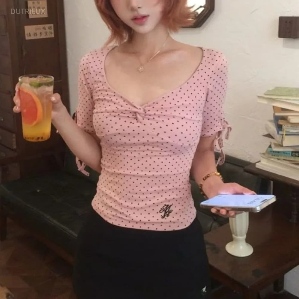 Gentle Sweet Spice Girls Moda T-shirt New Slim French Style Lace Up Polka Dot Tie Mujer Camisetas Literary Short Shirts